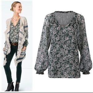 Cabi 3765 Green Floral Boho V-Neck Peasant Top Blouse Size Large